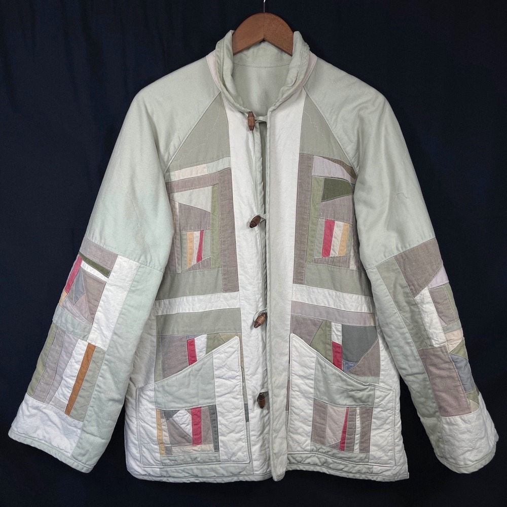 Womens Quilted Patchwork Jacket  L Geometric Toggle Granola Artsy Boho Eclectic